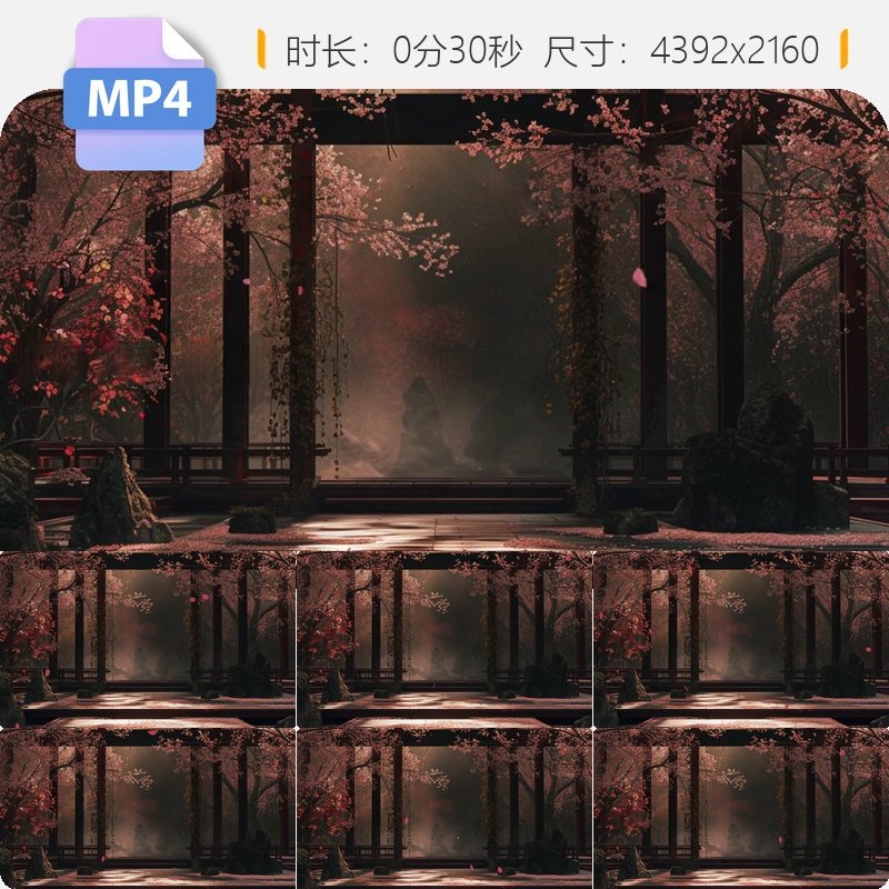 高清新中式舞台背景黄梅戏意境屏风国风桃花墨游园唯美花视频素材