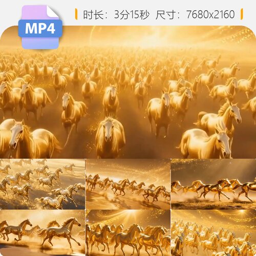 高清金色万马奔腾黄金骏马群马奔跑动态背景大气马年年会视频素材