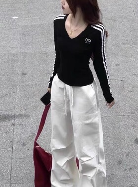 美式辣妹条纹V领纯棉长袖t恤女春秋季短款收腰紧身内搭打底衫上衣