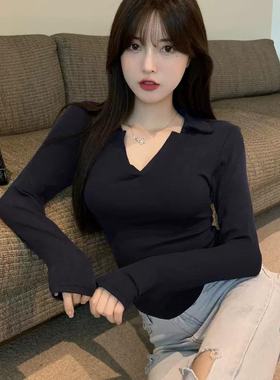 长袖t恤女修身polo领打底衫设计感小众内搭纯欲辣妹短款上衣秋季