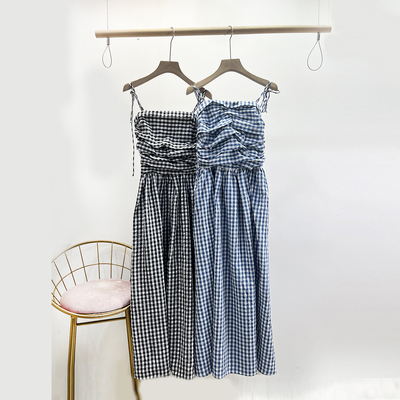 小众设计复古格子系带连衣裙2025夏装新款时尚收腰吊带裙女19078