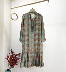 十三行精品女装复古宽松系带格子裙2025秋冬新款拼接中长款连衣裙