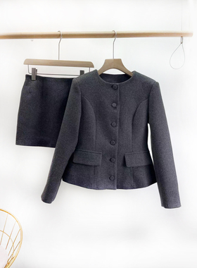 VANE显瘦高腰短裙两件套2025冬装新款单排扣呢子外套套装裙25360