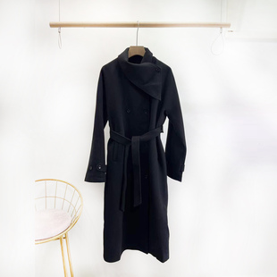 VANE中长款不规则领外套2025冬装新款双排扣系带呢子长大衣25995