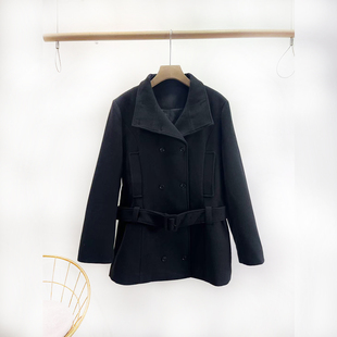 VANE百搭中长款外套2025冬装新款韩版双排扣系带呢子大衣女25339