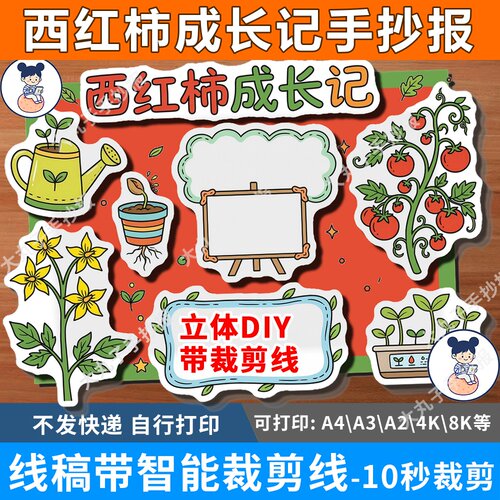 西红柿成长记番茄植物生长观察立体手抄报裁剪线自然笔记绘画模板