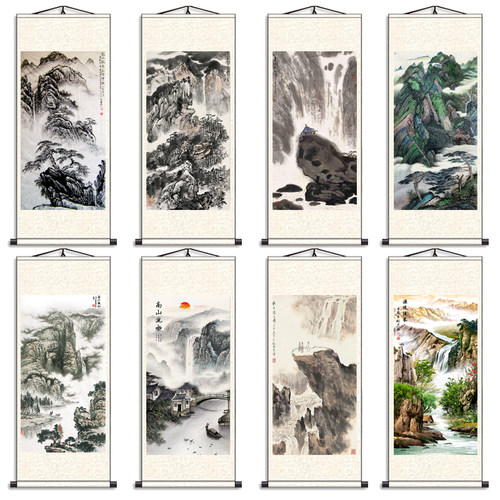 招财办公室办公室中式风卷轴画