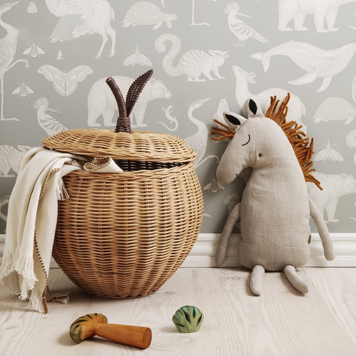 丹麦ferm living 手工藤编苹果型收纳篮玩具玩偶脏衣篓杂物储物篮