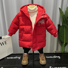 红色中国宝宝儿童羽绒棉外套 中长款 加厚棉袄2022新款 男童棉服冬季