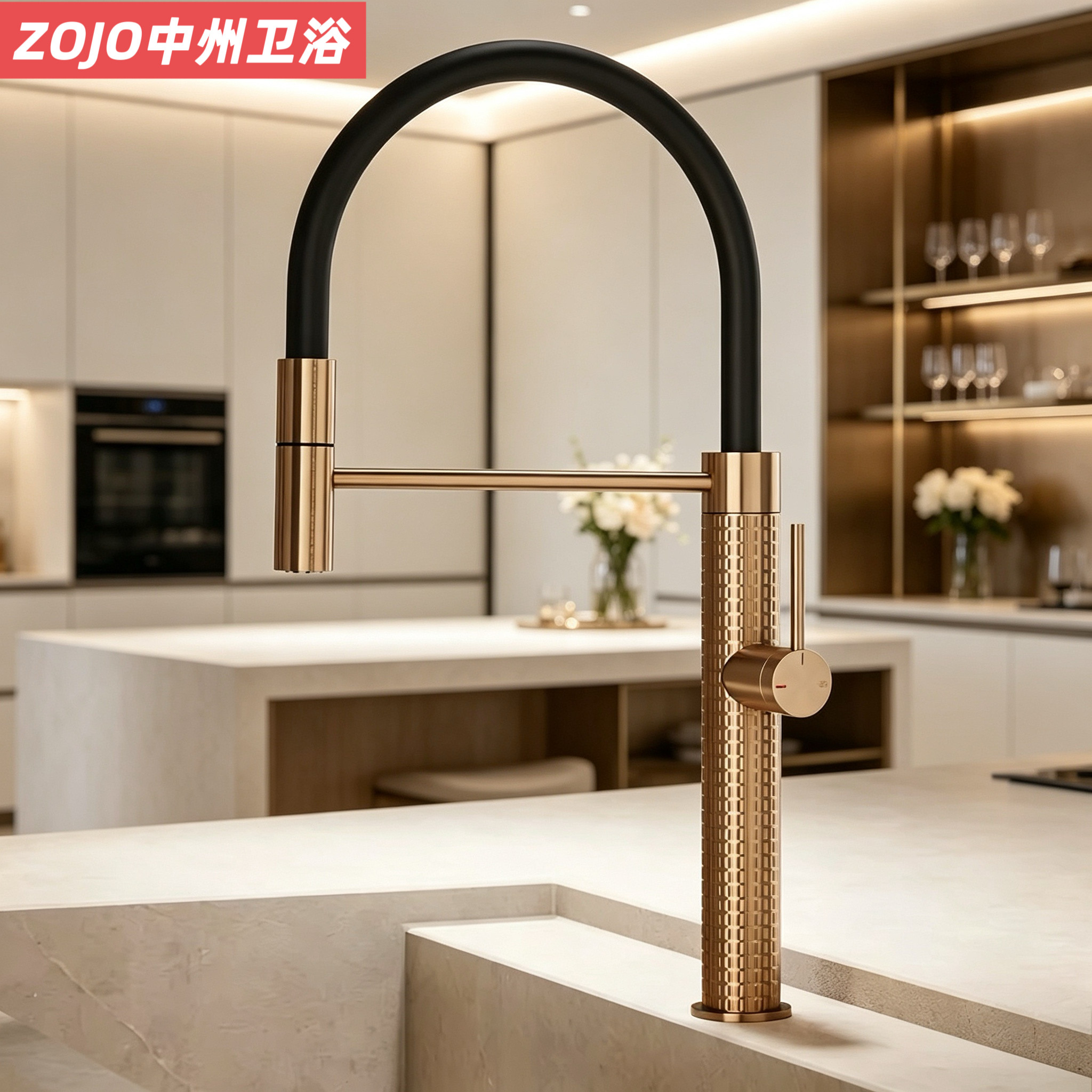 ZOJO意式全铜厨房水龙头防溅水冷热菜盆水槽抽拉旋转菜盆龙头