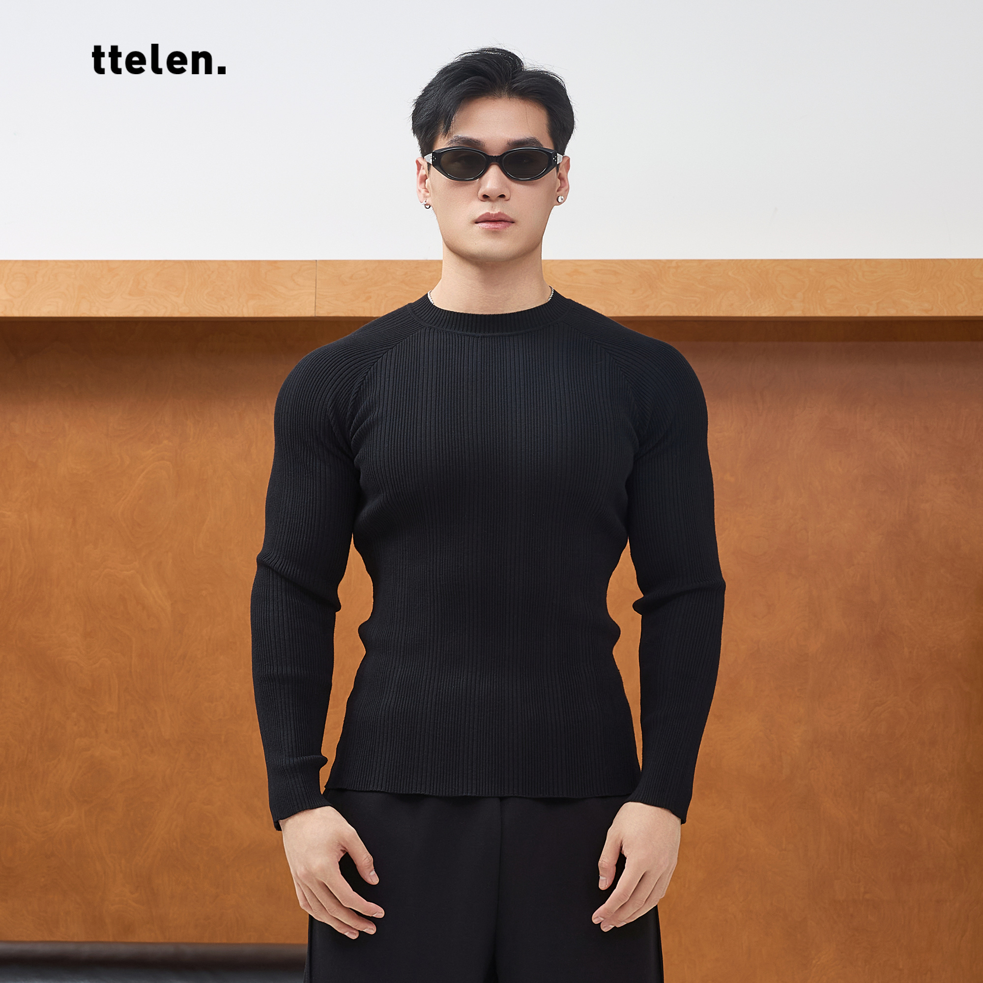 ttelen.抗起球运动针织毛衣男款 秋冬保暖长袖T恤紧身打底针织衫