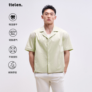 ttelen 古巴领短袖衬衫男士夏季新款翻领宽松薄款百搭工装上衣