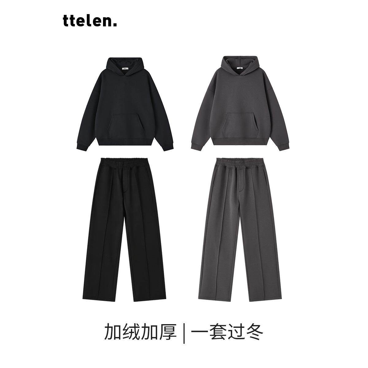 ttelen加绒卫衣套装男加厚休闲卫裤春秋新款宽松直筒运动长裤四季图片