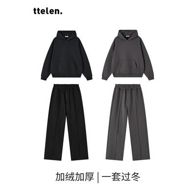 ttelen加绒卫衣套装男加厚休闲卫裤春秋新款宽松直筒运动长裤四季