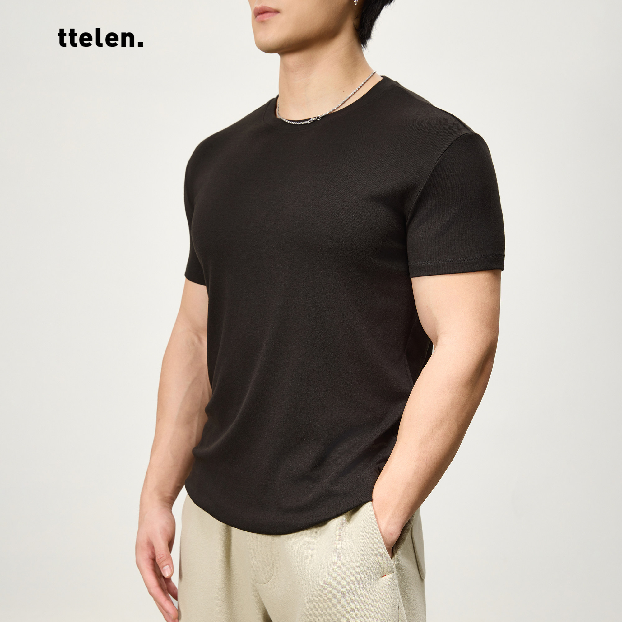 ttelen.澳洲丝光羊毛螺纹短袖T恤男款透气高弹紧身运动健身上衣夏