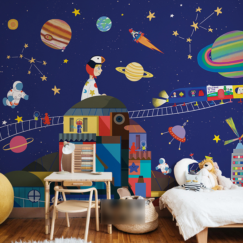 宇宙太空男孩卧室墙纸壁纸宇航员土星北欧儿童房墙布定制壁画