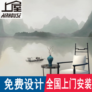 江南山水风景电视背景墙壁纸壁布现代水墨画布民宿酒店壁画 新中式