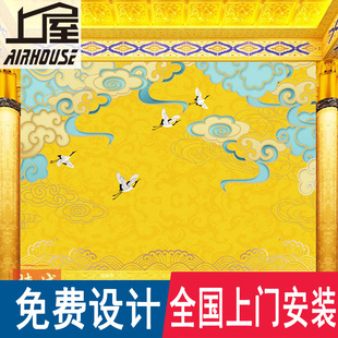 仙鹤祥云仙堂壁纸中式古典中国风佛堂背景墙壁纸壁画堂口背景墙布