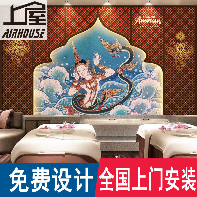 泰式按摩店墙纸神话人物手绘画养生馆墙布东南亚风格泰国风情壁纸