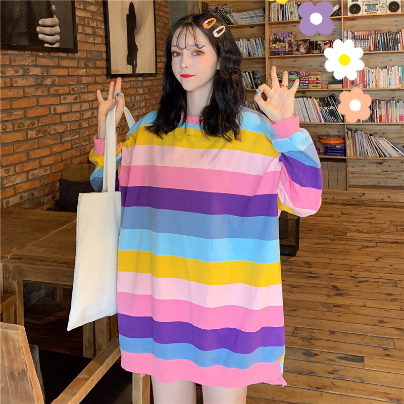 Rainbow Sweater T-shirts spring and autumn Thin section Socket Easy Large student Gradient stripes ins Long-sleeved jacket tidein the Women's clothing/Boutique , Sweater/Fleece  category - from Buy2taobao.com to provide professional Taobao agent buy service