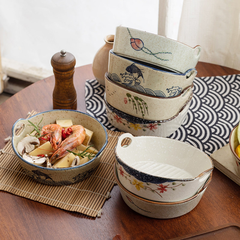 釉下彩家用陶瓷双耳沙拉碗烤碗焗饭创意新中式水果盘烤盘意面碗,餐饮具,碗,淘宝优惠券,粉丝福利购,淘宝优惠卷