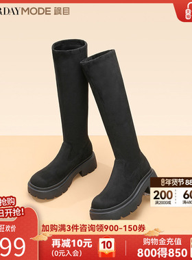 星期六绒布弹力靴长靴秋冬新款高筒瘦瘦靴厚底长筒女靴MD34117D11