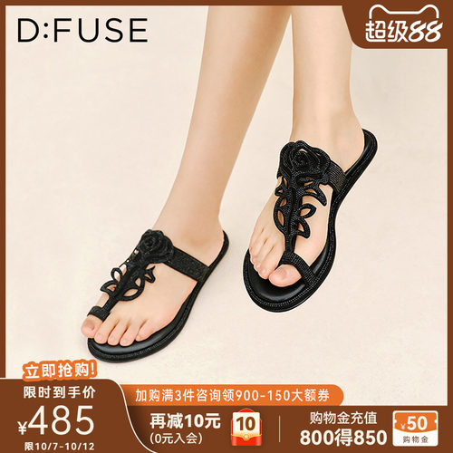 D：Fuse/迪芙斯花朵装饰人字拖女鞋春季新款平底沙滩拖鞋外穿