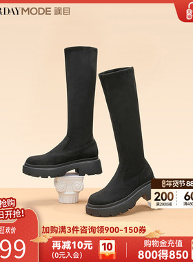 星期六绒布弹力靴长靴冬季新款高筒瘦瘦靴厚底长筒靴MD34117D11