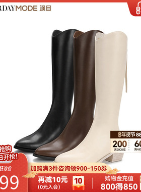 星期六骑士靴冬季新款显瘦v口粗跟高筒皮靴长筒MD34117D15