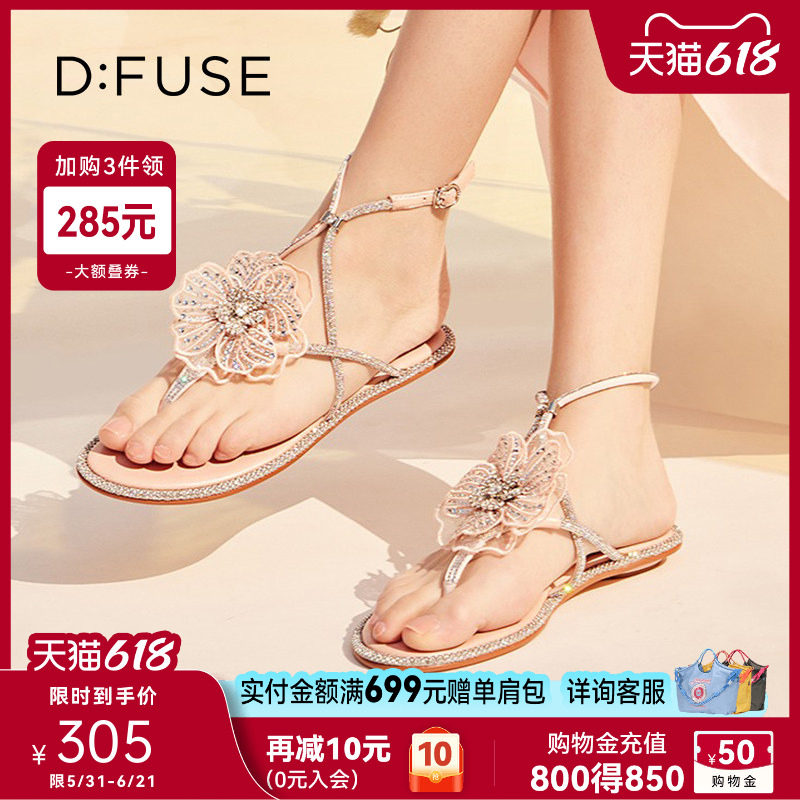 Dfuse迪芙斯仙女风凉鞋花卉夏季水钻夹趾绕带拖鞋平底DF32115338