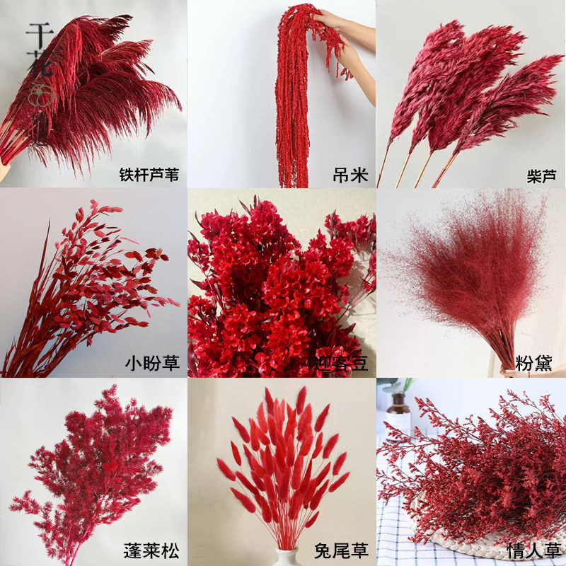 红色干花永生花婚礼喜庆吊米绣球蓬莱松迎客豆粉黛红雪莲柴芦竹编