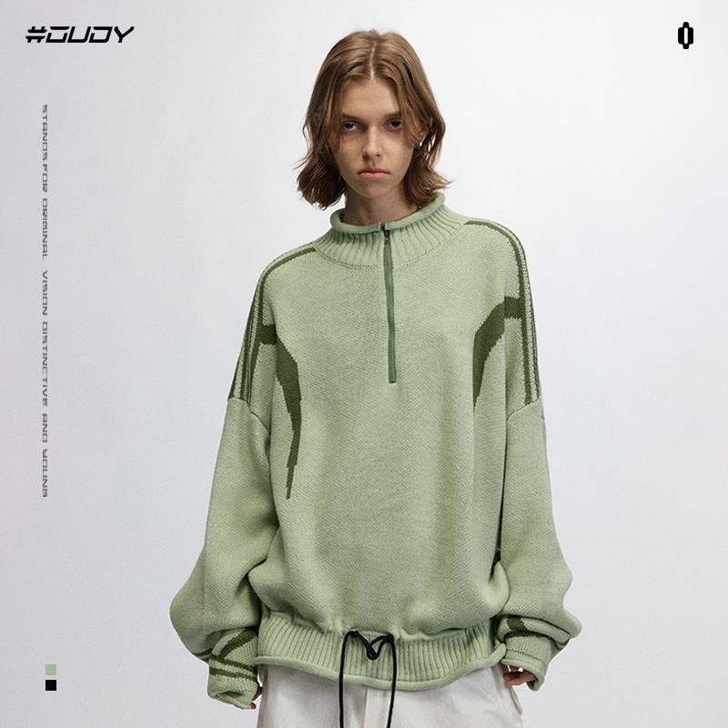 OVDY美式复古卷边立领半拉链毛衣