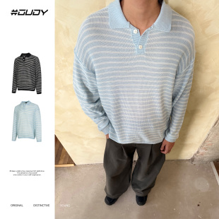 女休闲男女 纹理条纹毛衣老钱风撞色翻领Polo针织衫 OVDY秋冬新款