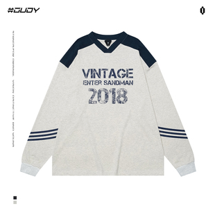 T恤男字母印花潮ins情侣上衣 街头V领长袖 OVDY官方田嘉瑞同款 美式