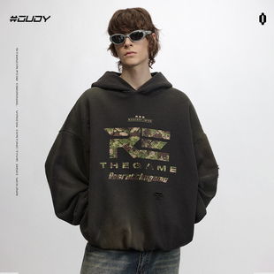 OVDY官方原创复古卫衣男女潮牌ins印花美式 做旧加绒连帽外套冬季