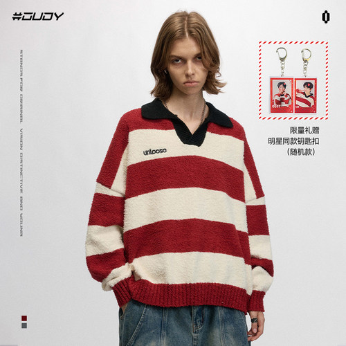 OVDY官方翻领Polo领撞色条纹毛衣