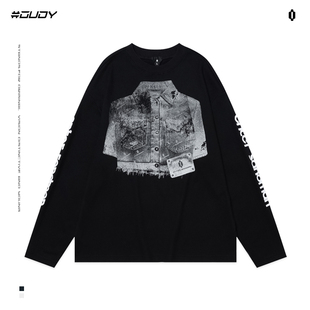 t恤男印花宽松情侣上衣 华夫格长袖 OVDY官方李宏毅穆祉丞同款 美式