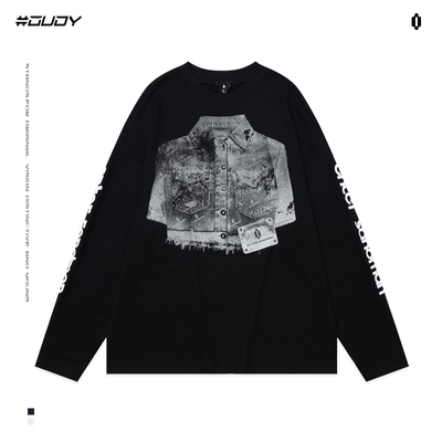 OVDY美式复古华夫格长袖t恤男