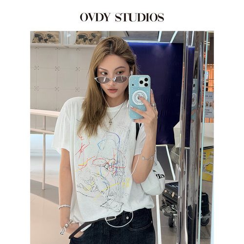 OVDY短袖慵懒风女趣味涂鸦印花