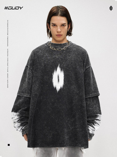 OVDY美式复古假两件水洗长袖男女