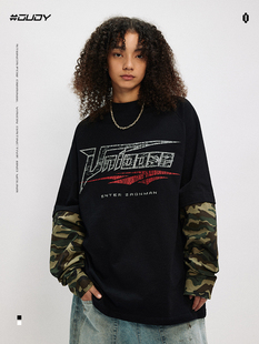 t恤男复古宽松上衣潮 长袖 OVDY汪浚熙同款 拼接迷彩假两件美式