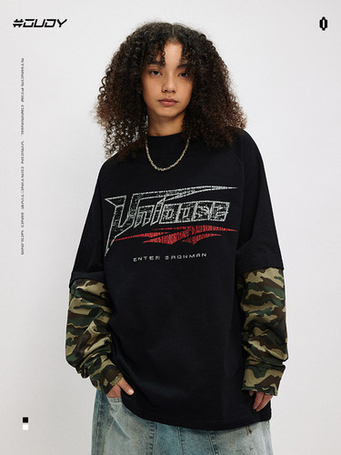 OVDY假两件迷彩长袖复古t恤男