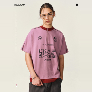 OVDY官方美式 男女oversize情侣运动拼接t恤潮 高街印花半拉链短袖