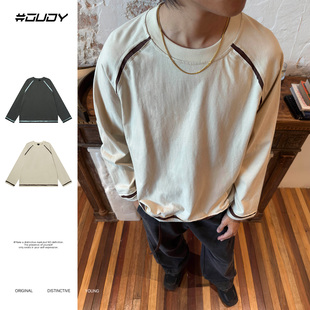 OVDY官方美式 t恤男撞色拼接设计潮牌ins圆领打底上衣女秋 宽松长袖