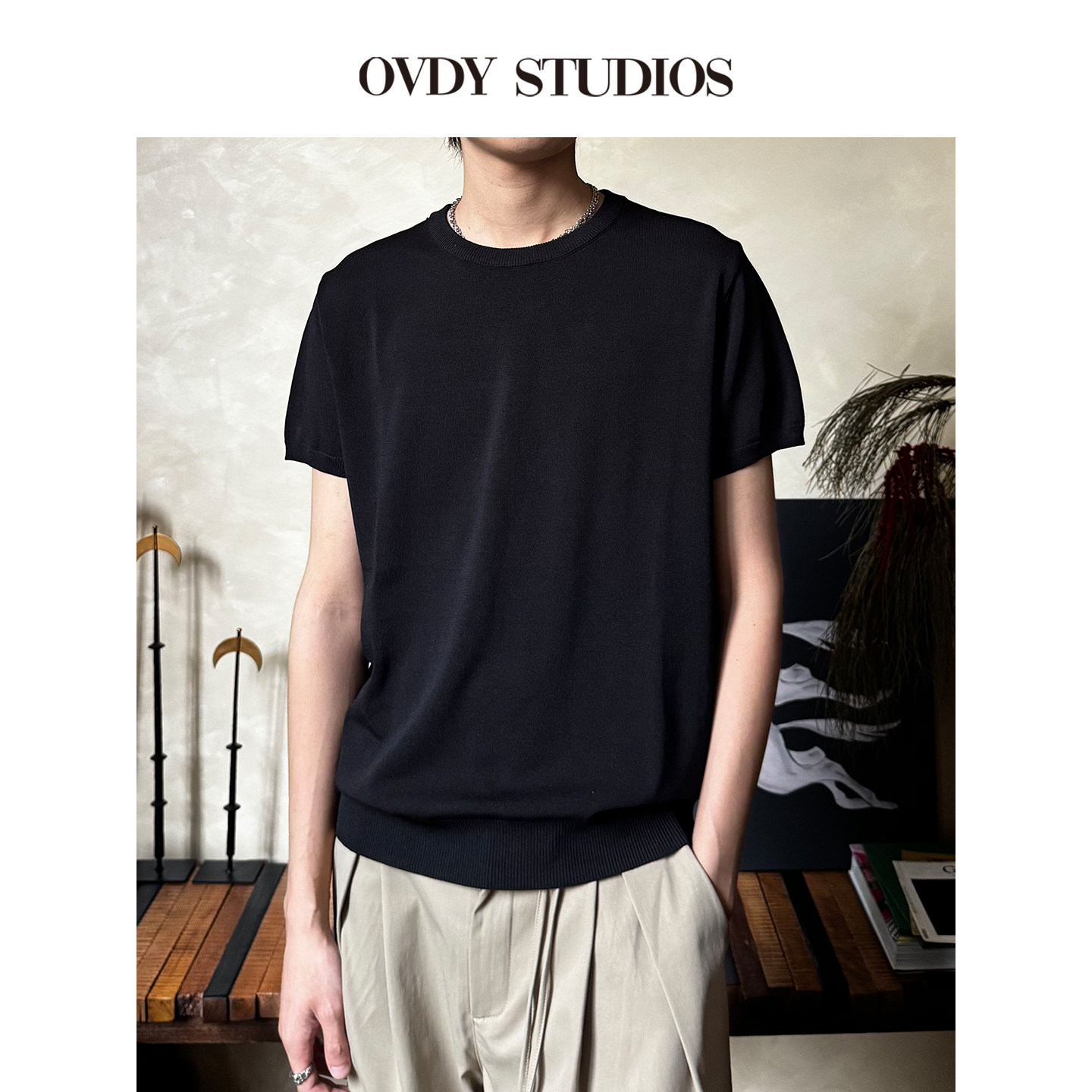 OVDY官方邓为同款老钱风黑色短袖针织衫垂坠质感圆领男女T恤情侣