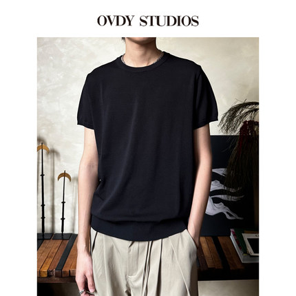 OVDY官方邓为同款老钱风黑色短袖针织衫垂坠质感圆领男女T恤情侣