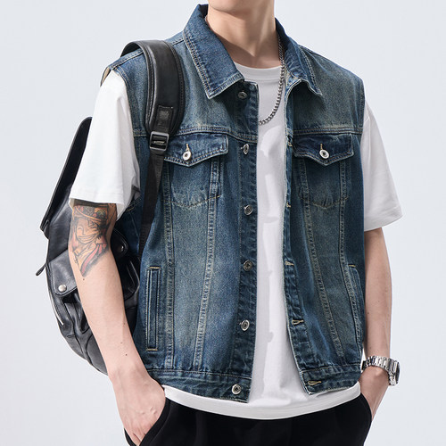 新款高端牛仔夹克男士翻领多口袋