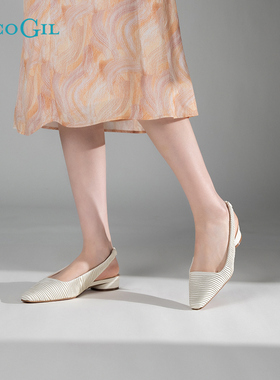 PACO GIL女鞋时尚春季新款褶皱方头平底鞋后绊带单鞋凉鞋女真皮鞋