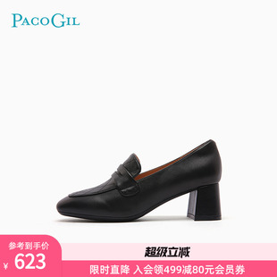 GIL女鞋 春秋季 PACO 粗跟中跟职业单鞋 新款 舒适羊皮方头乐福鞋