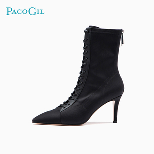 PACO GIL女鞋时尚尖头细跟短靴冬季新款气场马丁靴真皮显瘦靴子